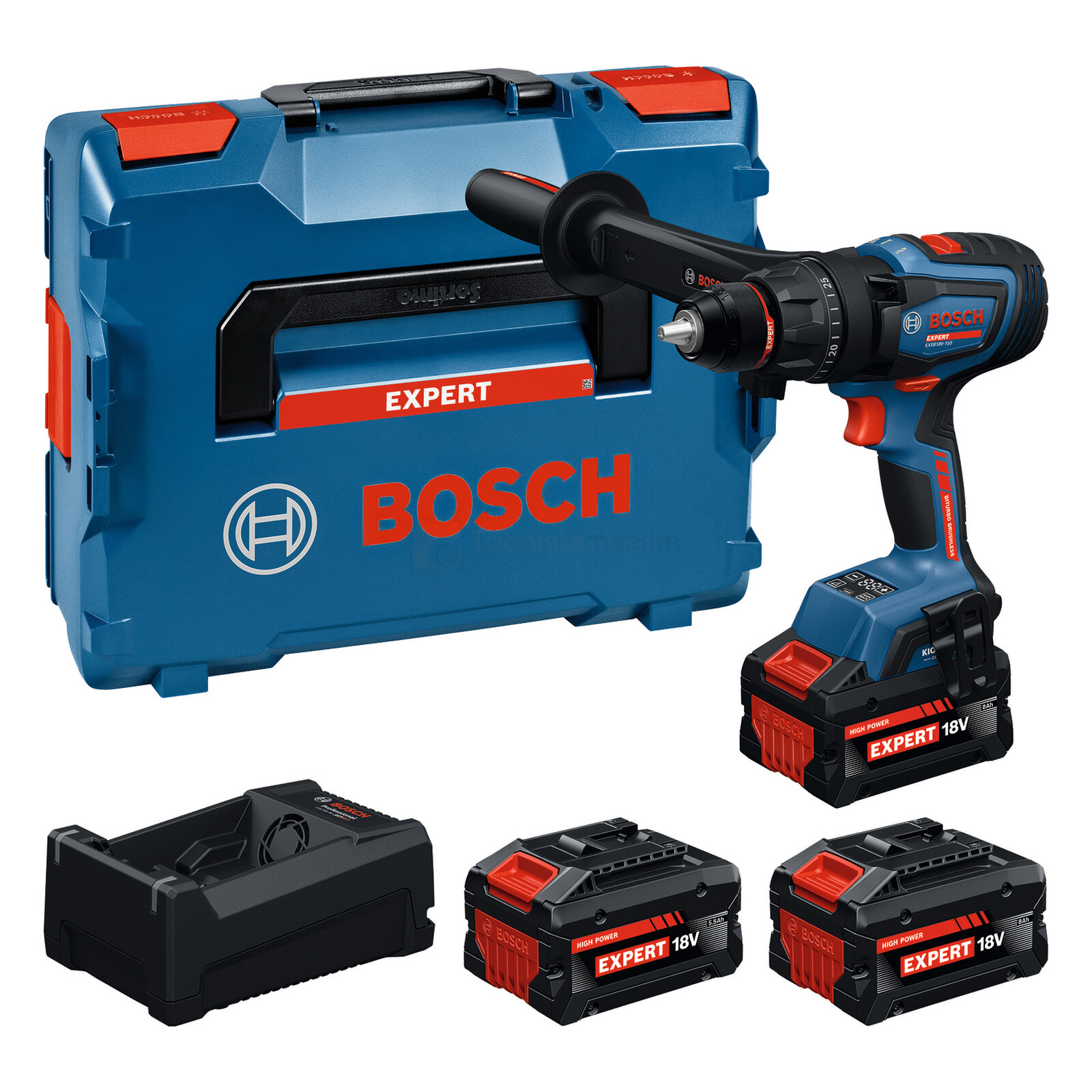 Pildil on Bosch akulööktrell EXSB18V-150, mis on varustatud kahe 8,0 Ah ja ühe 5,5 Ah akuga ning laadija ja hoiukohvriga.